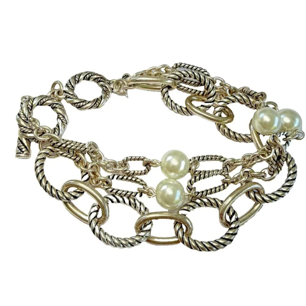 Vintage Chunky Rope Chain Toggle Bracelet Faux Pearl Charm Silver Tone Coastal